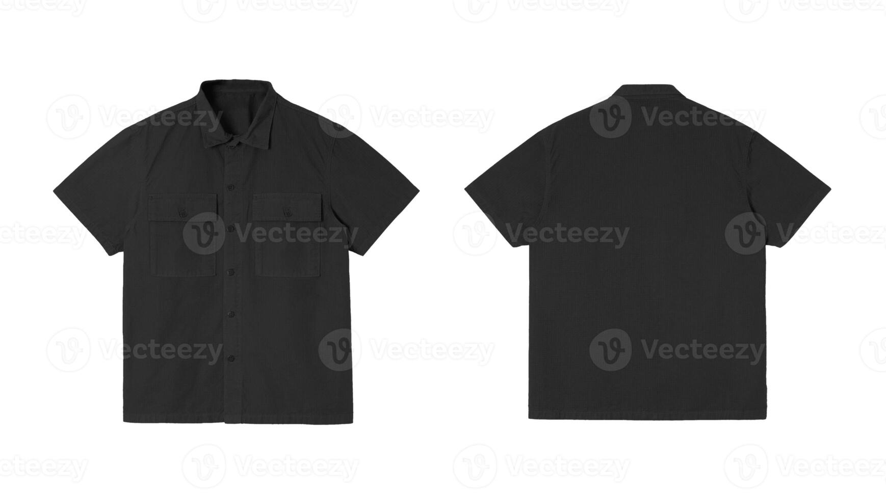 Mockup of a plain black short sleeved shirt with a collar, isolated on a white background. photo