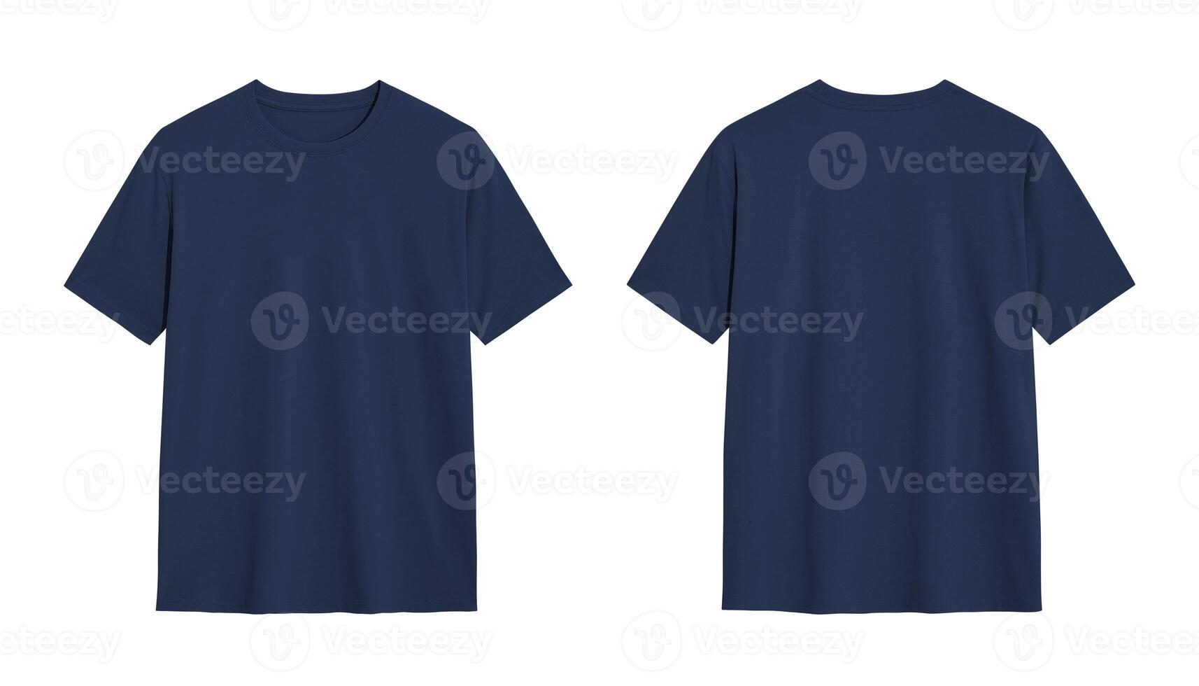 Two plain navy blue t shirts on a white background. Front and back view mockup. photo