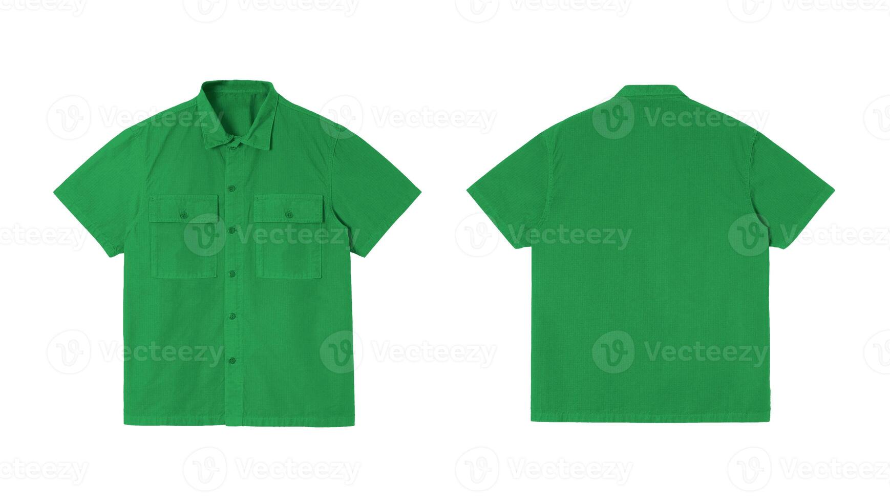 Green short sleeve shirt mock up, front and back view isolated on white background. photo