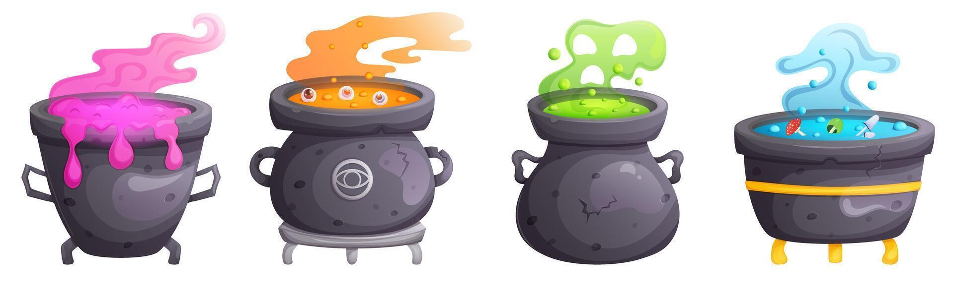 Magic witch cauldrons with potion set. Halloween elements cartoon illustration. UI game interface objects. vector