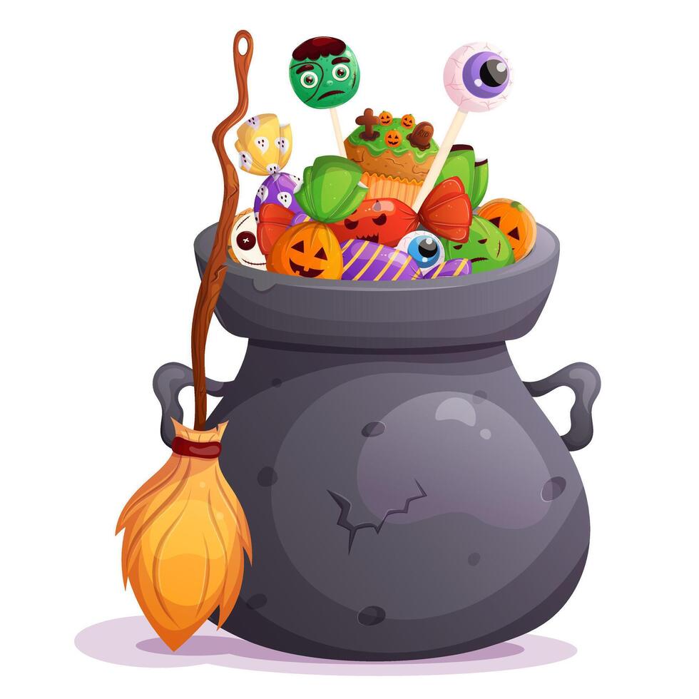 Halloween magic cartoon witch pot full of spooky candy and broom isolated on white. Trick or treat party element. vector