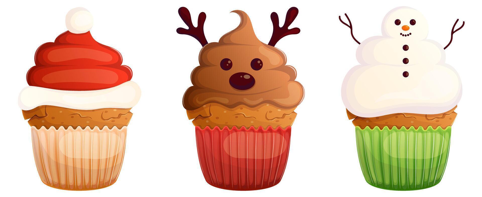 Christmas cupcake with icing in a shape deer, Santa hat, snowman isolated on white. Sweet xmas pastry. vector