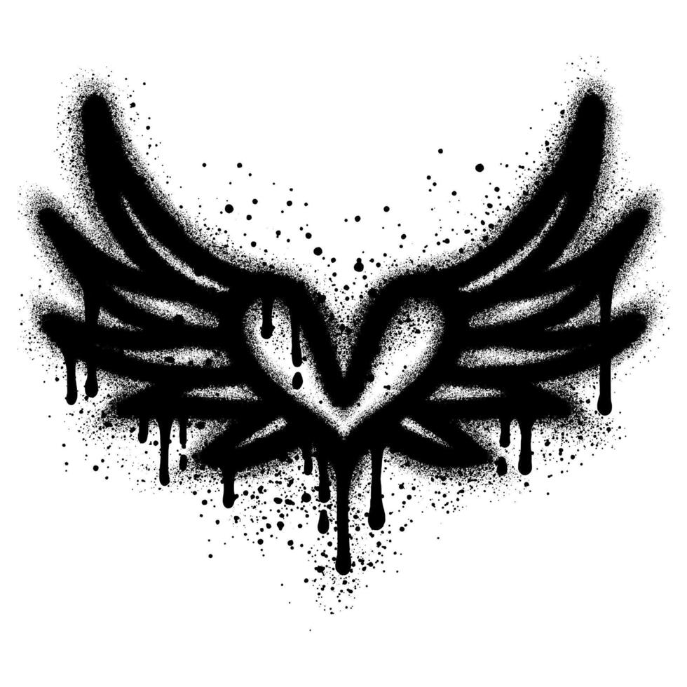 Spray Painted Graffiti heart wings icon Sprayed. graffiti love wings symbol with over spray in black over white. vector