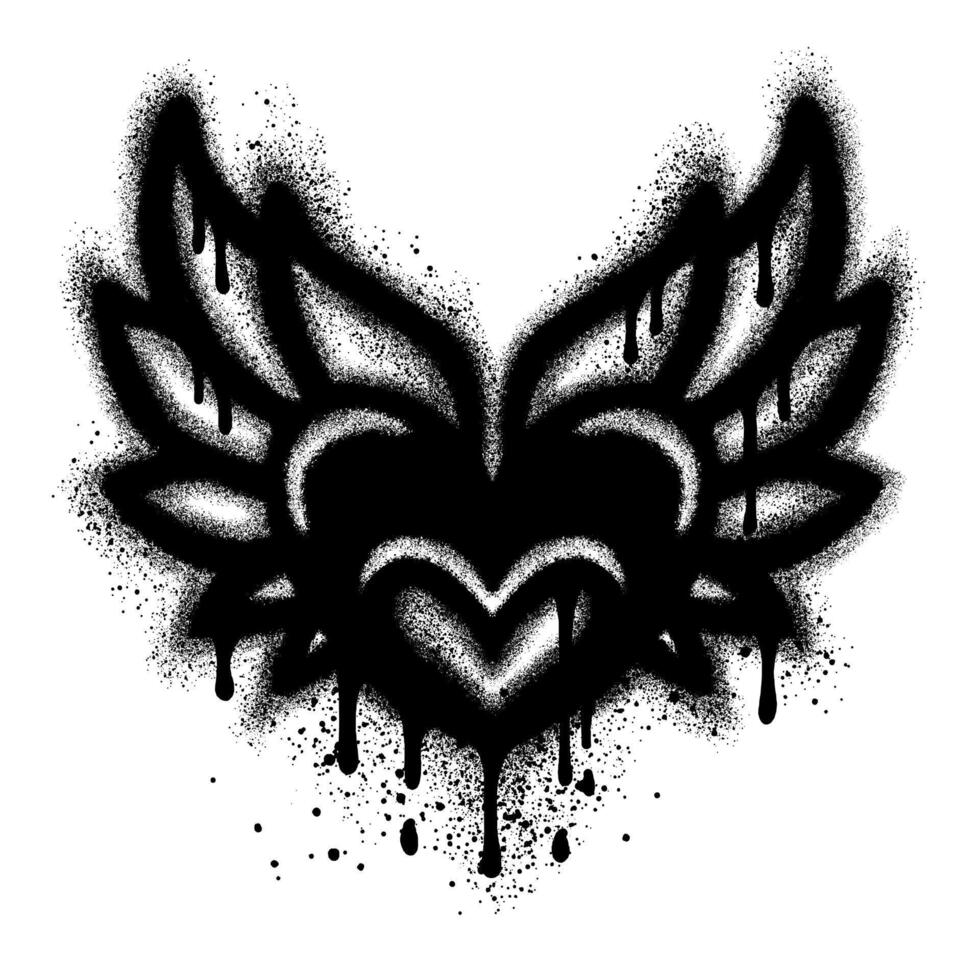 Spray Painted Graffiti heart wings icon Sprayed. graffiti love wings symbol with over spray in black over white. vector