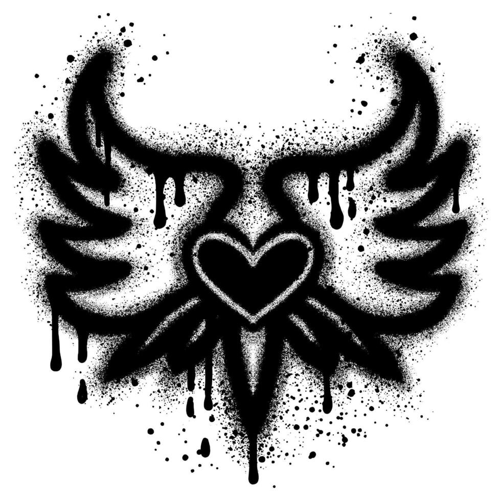 Spray Painted Graffiti heart wings icon Sprayed. graffiti love wings symbol with over spray in black over white. vector