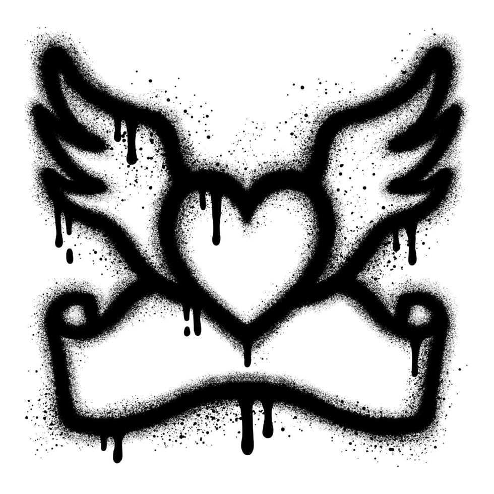 Graffiti icon of heart wings spray painted with ribbon underneath vector