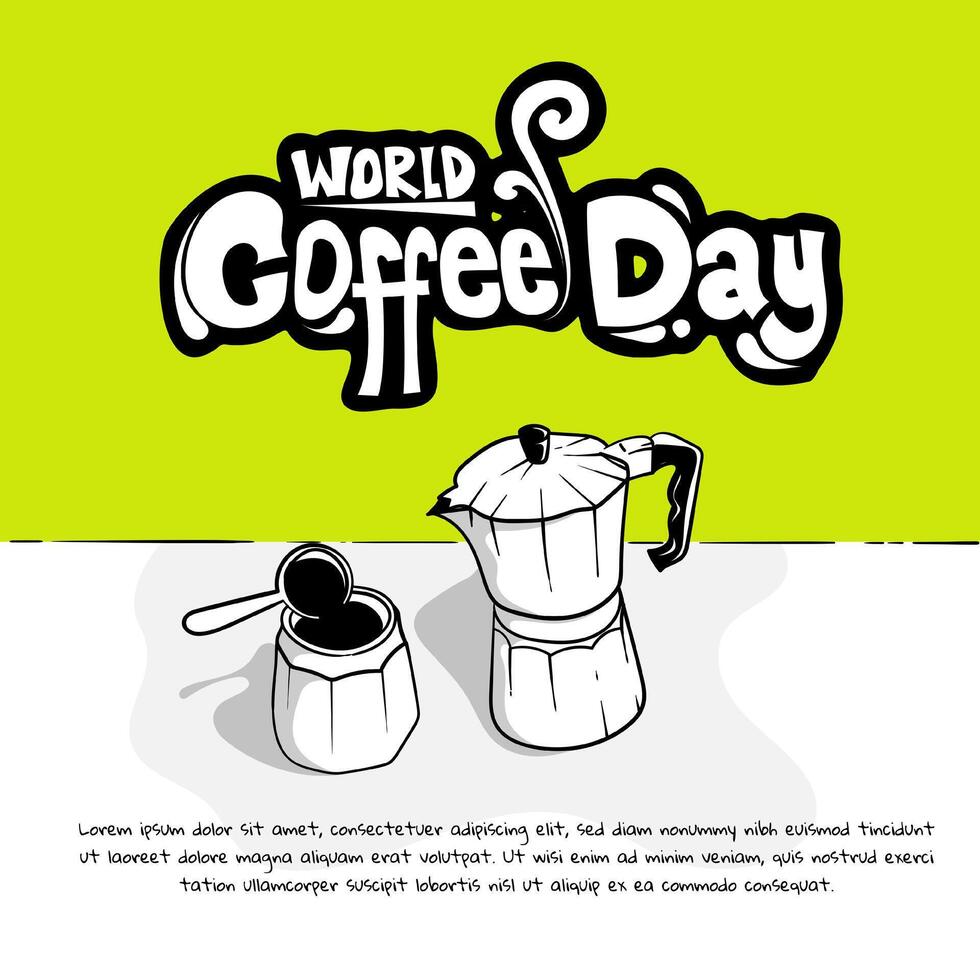 World coffee day design with mocha pot in hand drawn doodle art design. Also good template for coffee day campaign vector