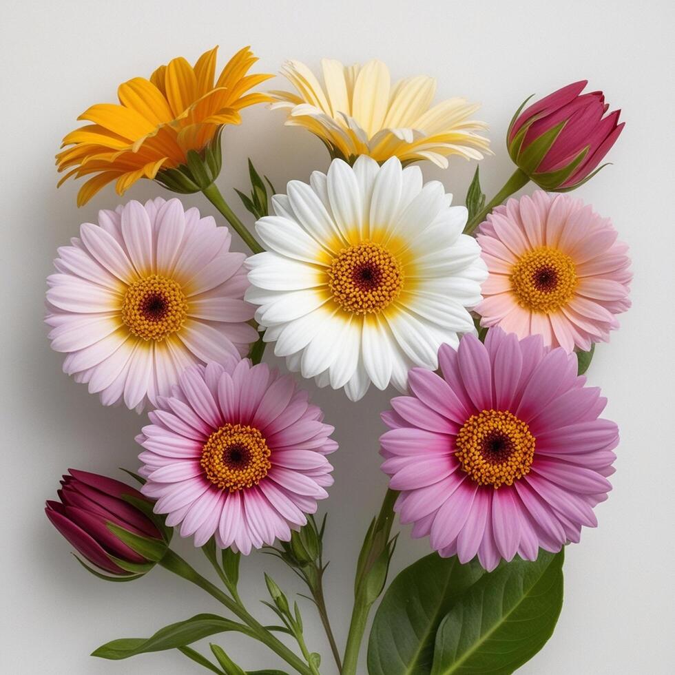 A bouquet of colorful flowers on a white surface photo