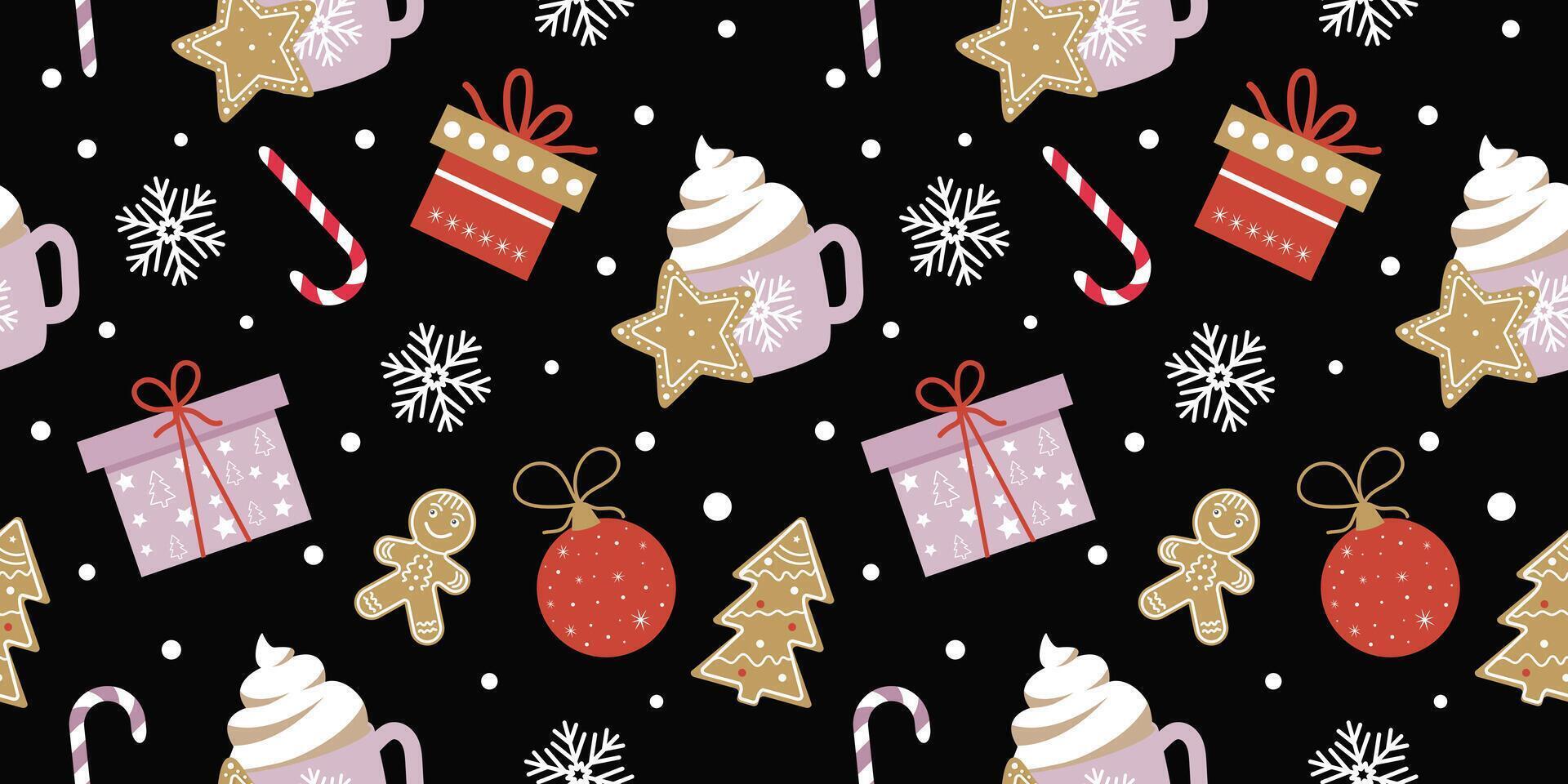 Seamless pattern with snowflakes, cup of cocoa, gifts, candies, gingerbread man, Christmas tree decorationson a dark background. vector
