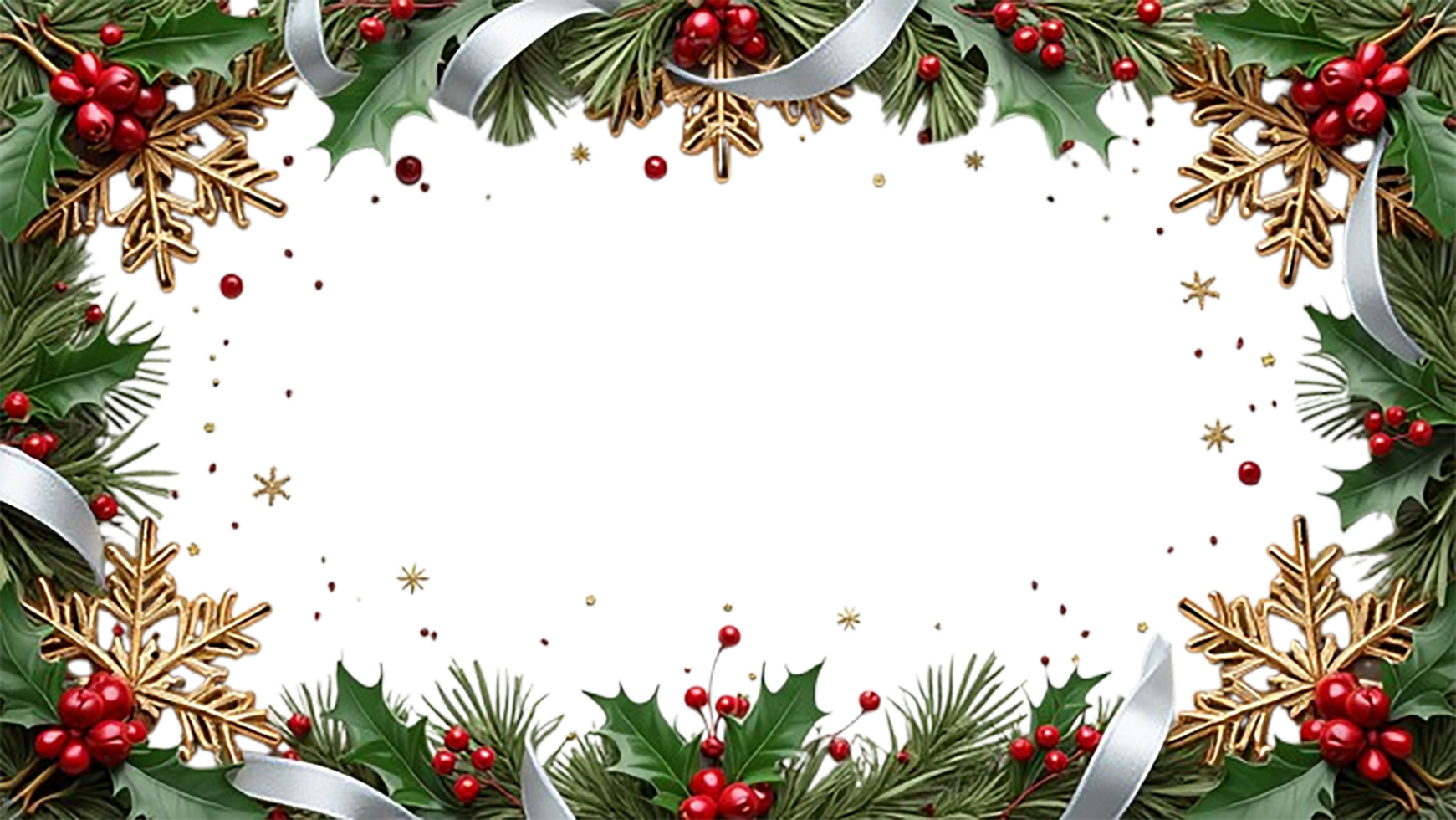 Christmas frame made of lush pine branches, red and gold ornaments png