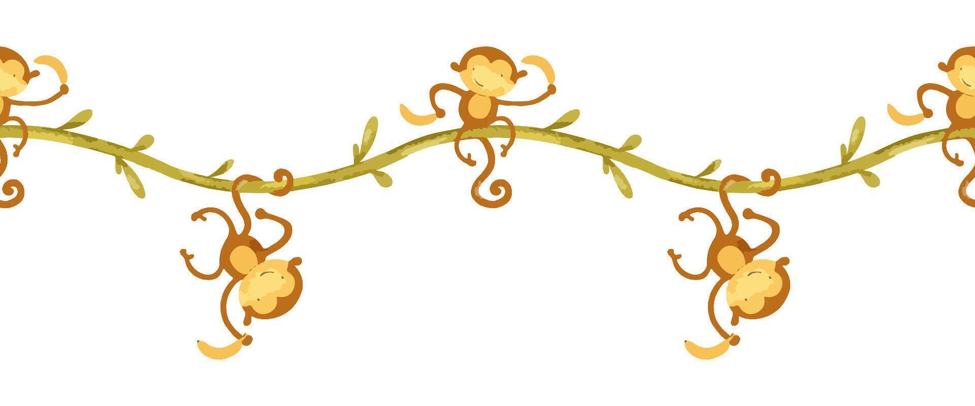 Baby monkeys hanging on liana. Childish background of African jungle animal. Banner of macaque and bananas. Watercolor seamless border for design kid's goods, cards, stationery, fabric, scrapbook vector