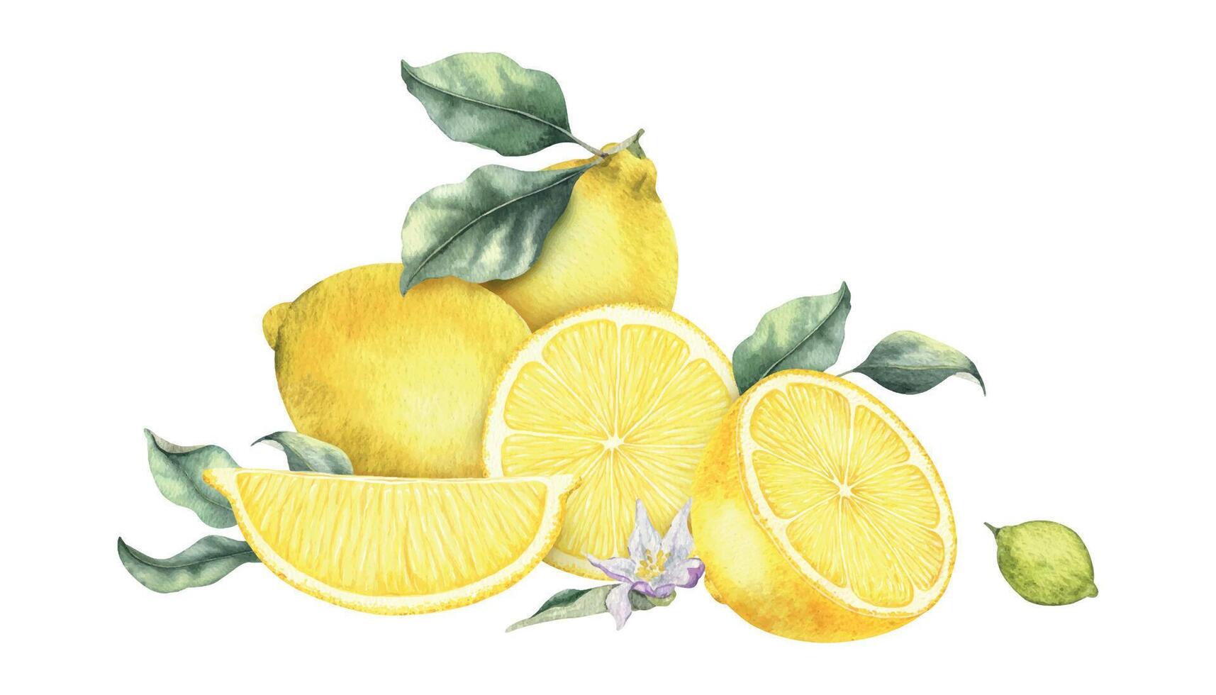 Whole Lemon fruits, slice lemons, flowers and leaves. Isolated hand drawn watercolor illustration. Tropical citrus fruit. Design for menu, package, cosmetic, textile, cards vector