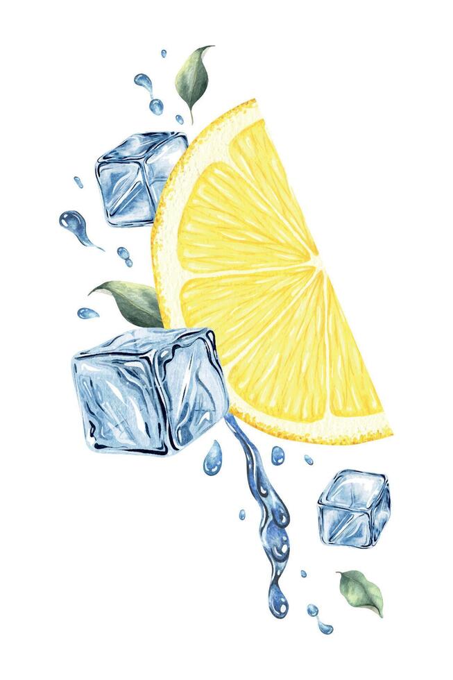 Lemon slices, splashes water, leaves and ice cubes. Dynamic cold liquid with citrus fruits. Isolated hand drawn watercolor illustration for menu, packaging of goods, advertisement vector