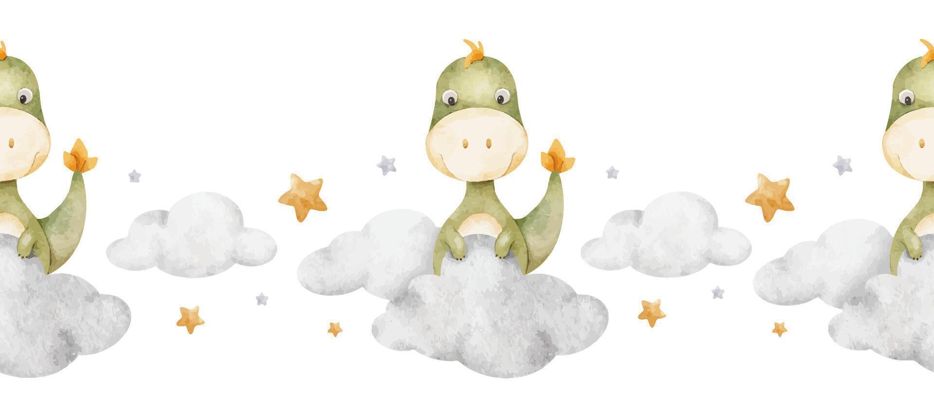 Cute baby dinosaurs sitting on clouds, stars. Isolated hand drawn Watercolor seamless border. Background of Tyrannosaurus rex for design children's room, kids goods, scrapbook, baby shower cards vector