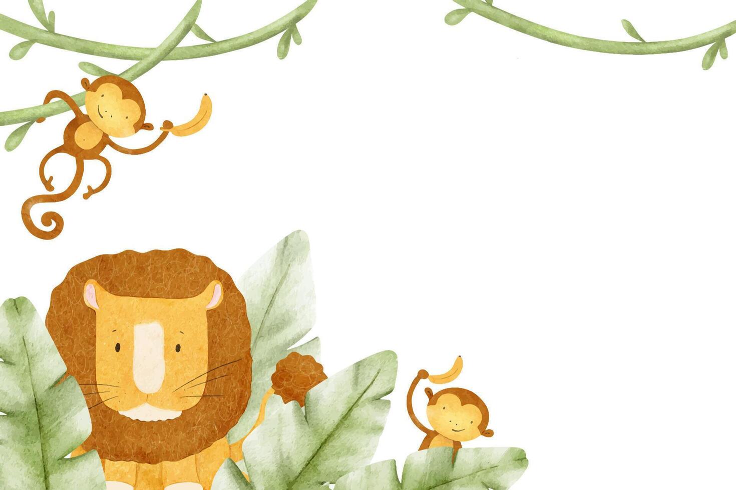 Lion, monkeys with bananas, tropical leaves and leans. Frame of Baby Jungle animals. Funny kid's hand drawn watercolor background of Safari. Layout for children's invitation cards, baby shower vector