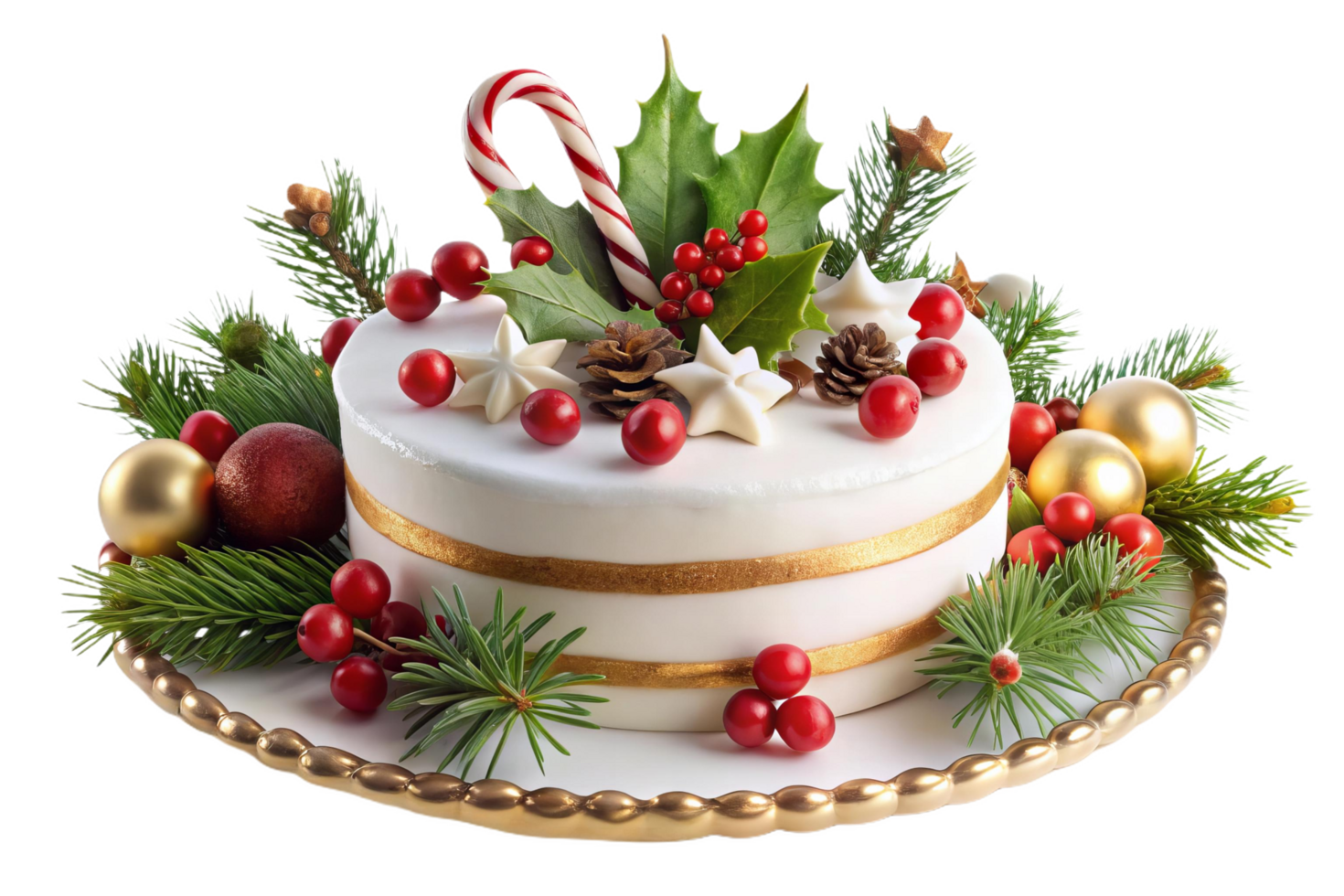 Festive Christmas themed layered cake with decorations and greenery png