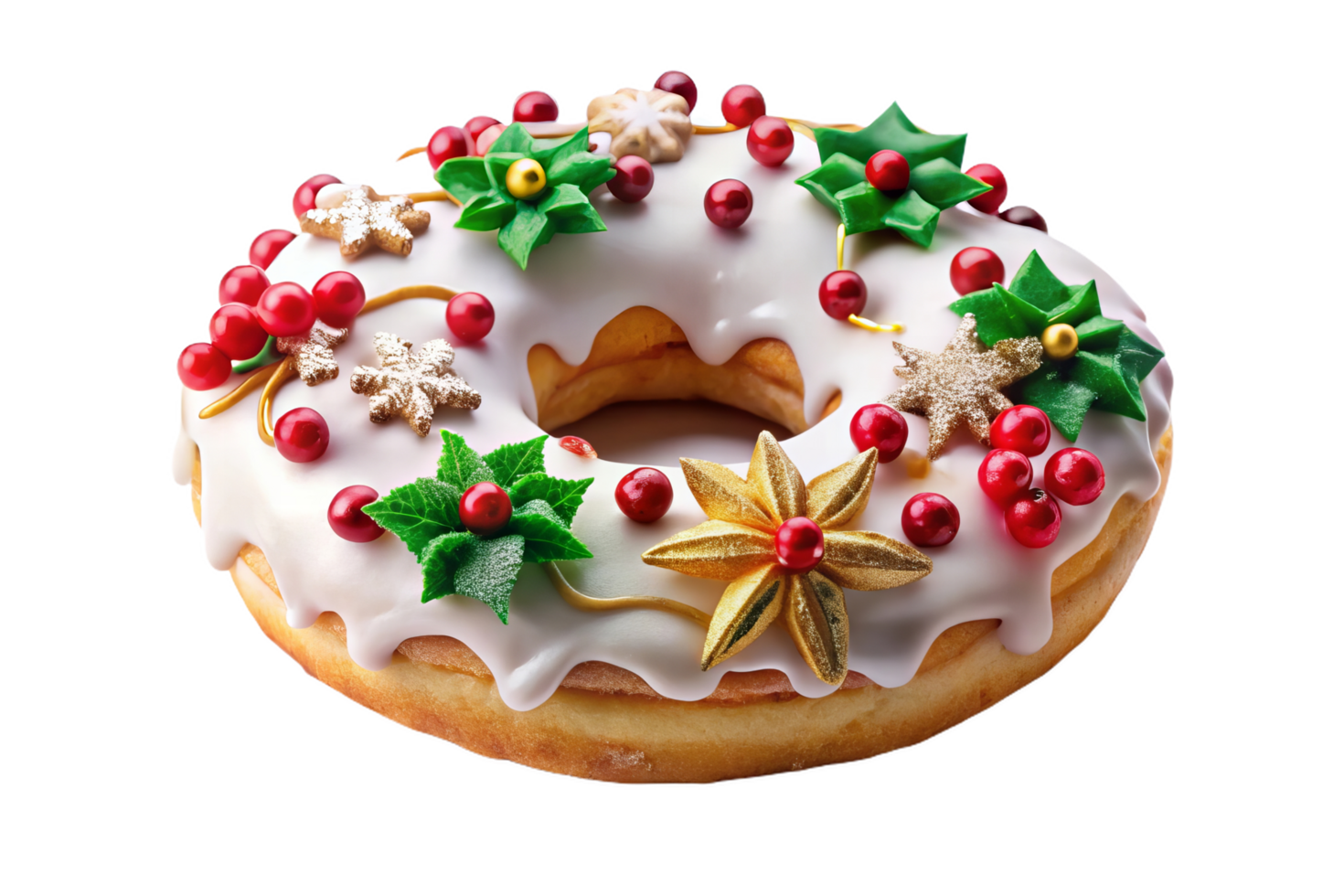 Festive Christmas themed donut with white icing and decorations png