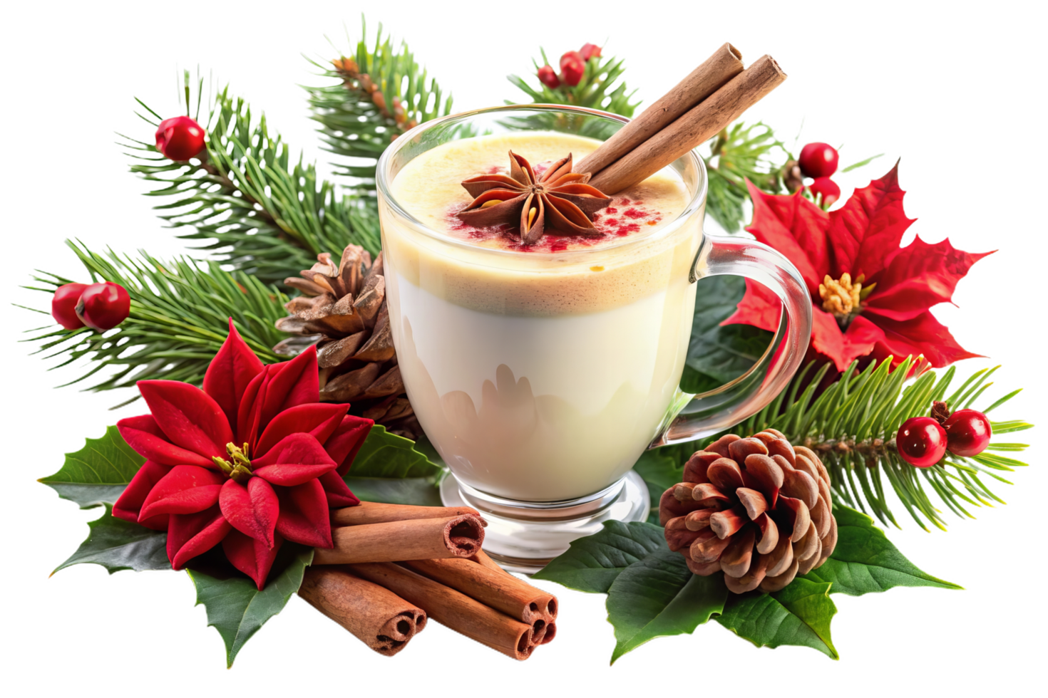 Festive Christmas drink with eggnog, cinnamon, and holiday decorations png