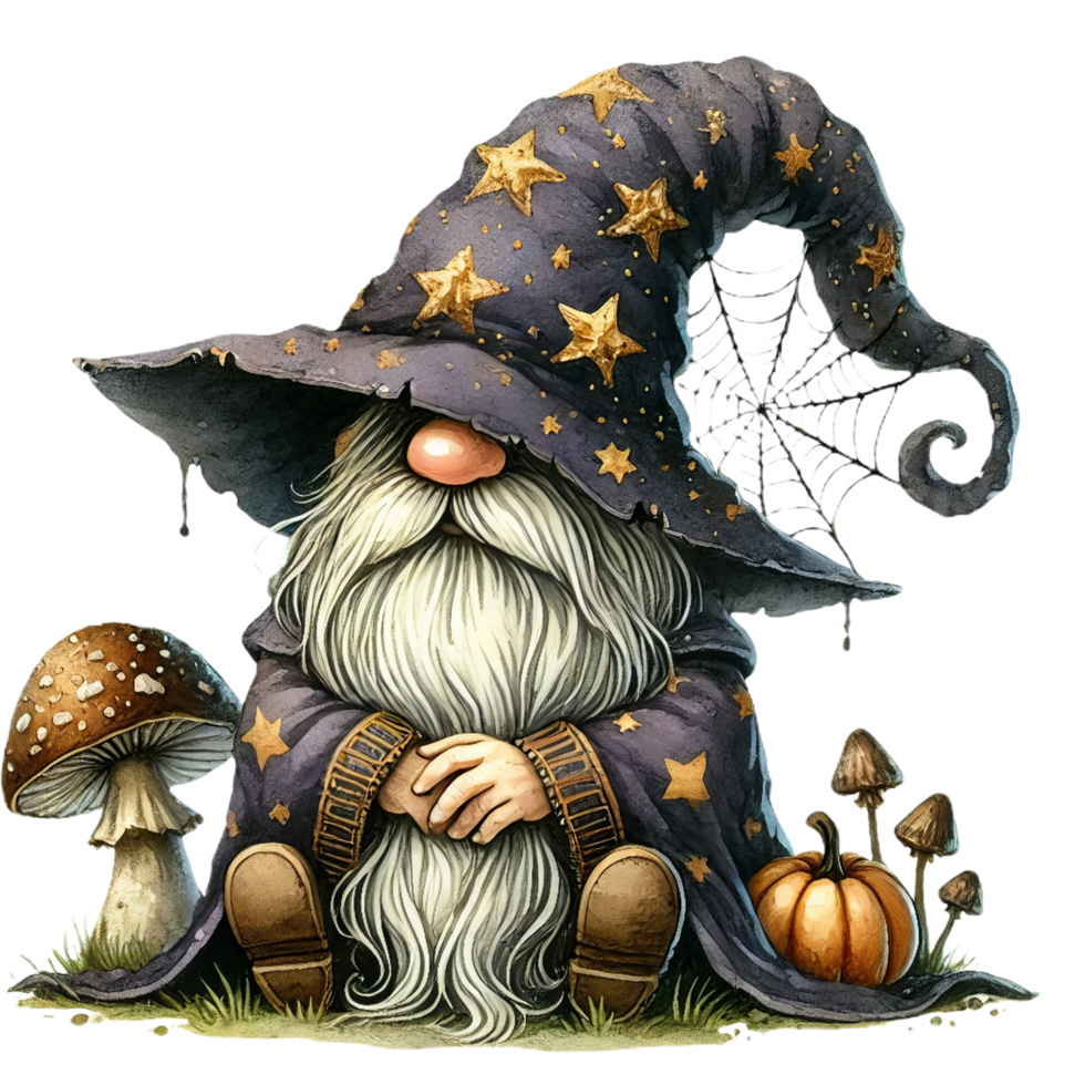 Whimsical gnome in Halloween theme with starry hat and pumpkins png