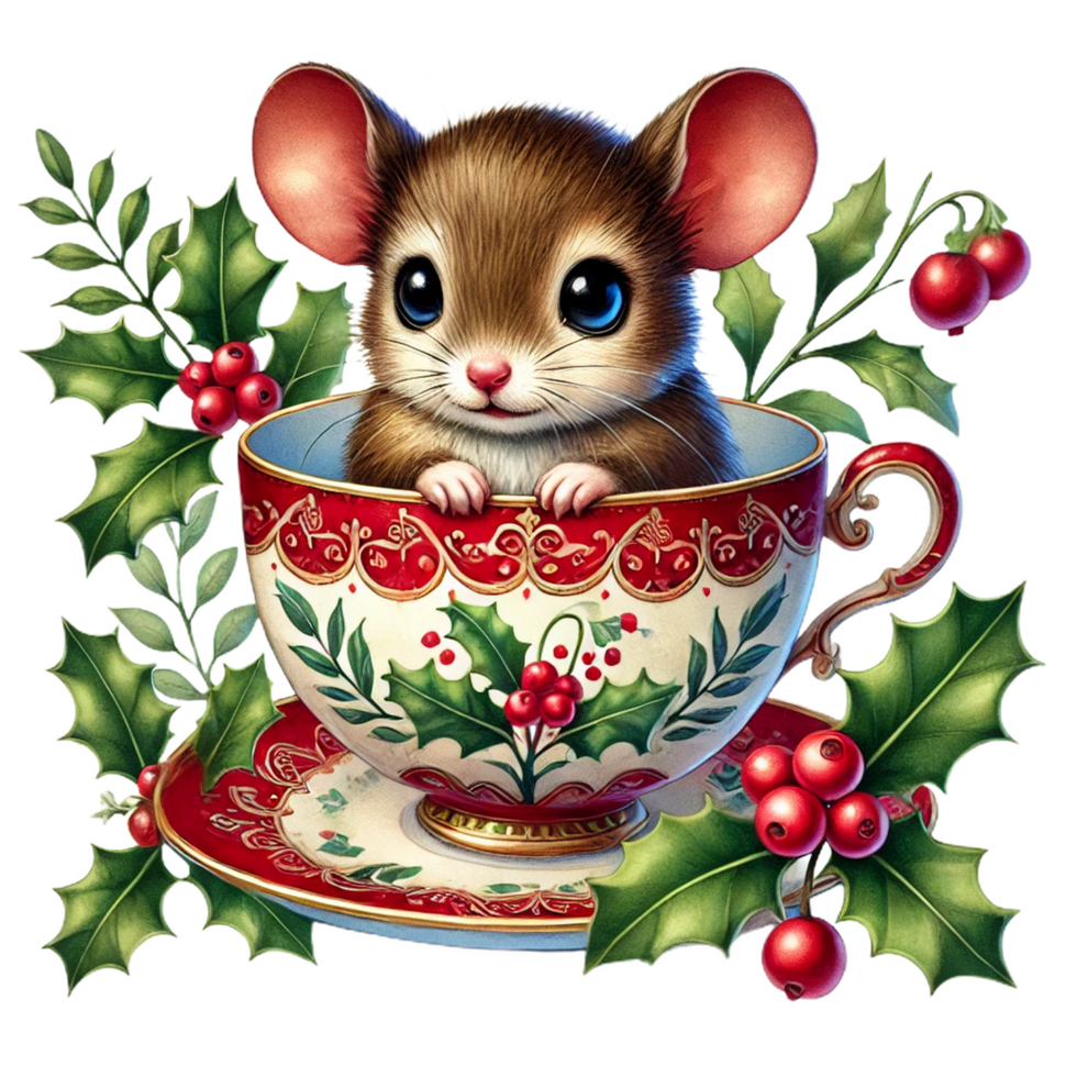 Cute mouse in decorative cup surrounded by holly leaves and berries png