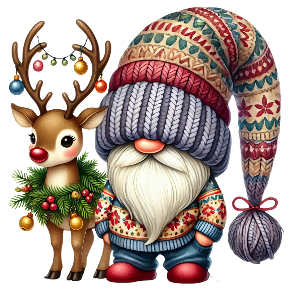 whimsical gnome and reindeer adorned with festive decorations png