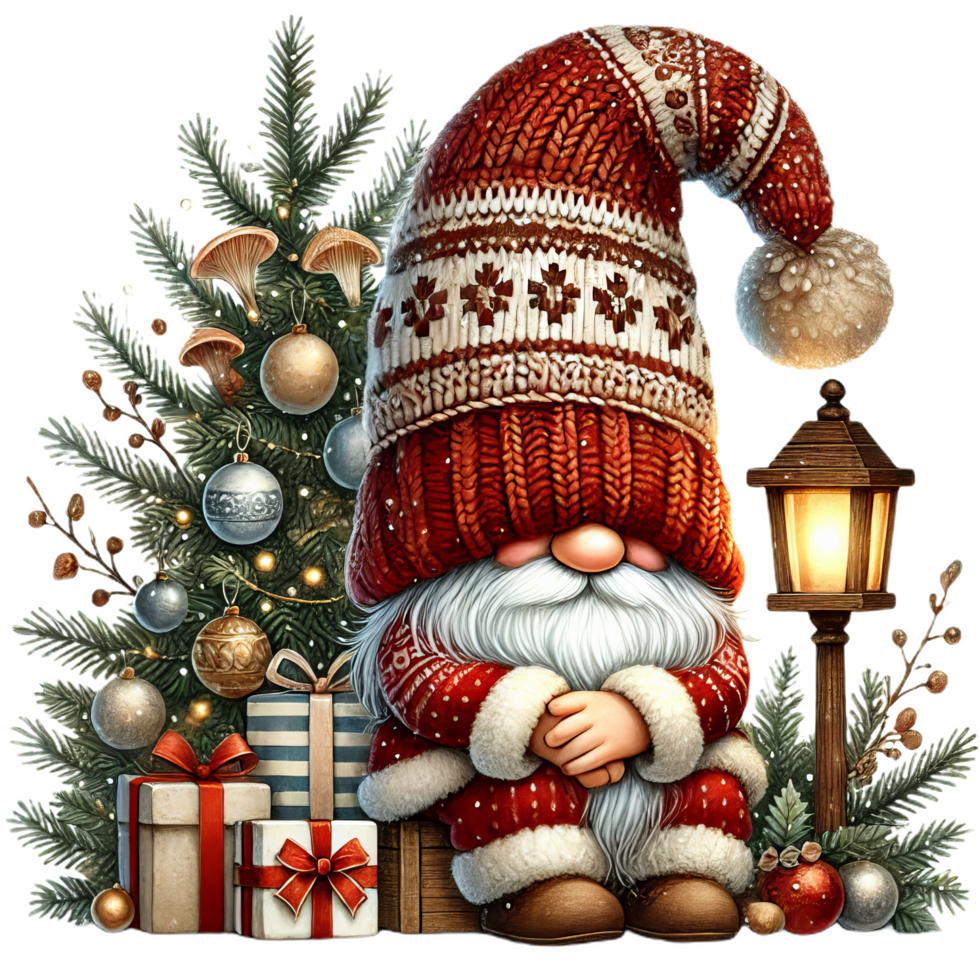 Cozy Santa with large knitted hat sits by decorated Christmas tree png