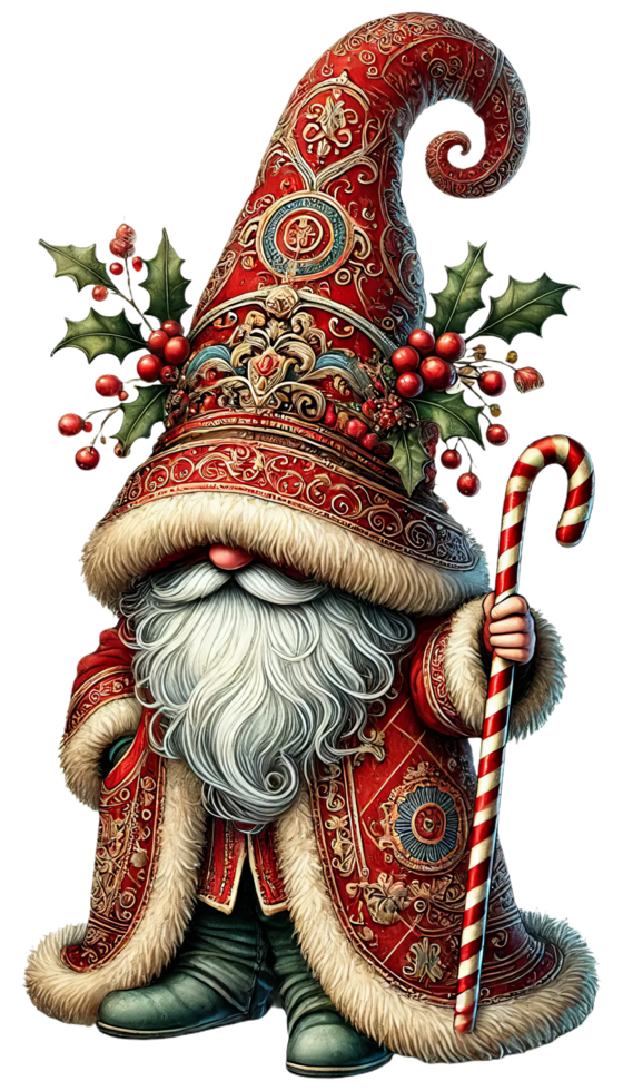 Festive Santa Claus in ornate red attire with candy cane png