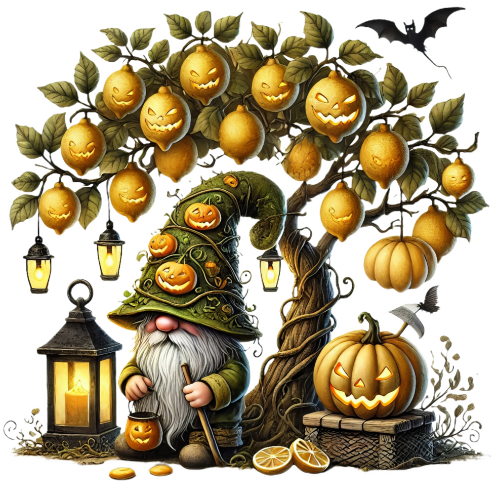Gnome with lantern under Halloween tree adorned with glowing pumpkins png