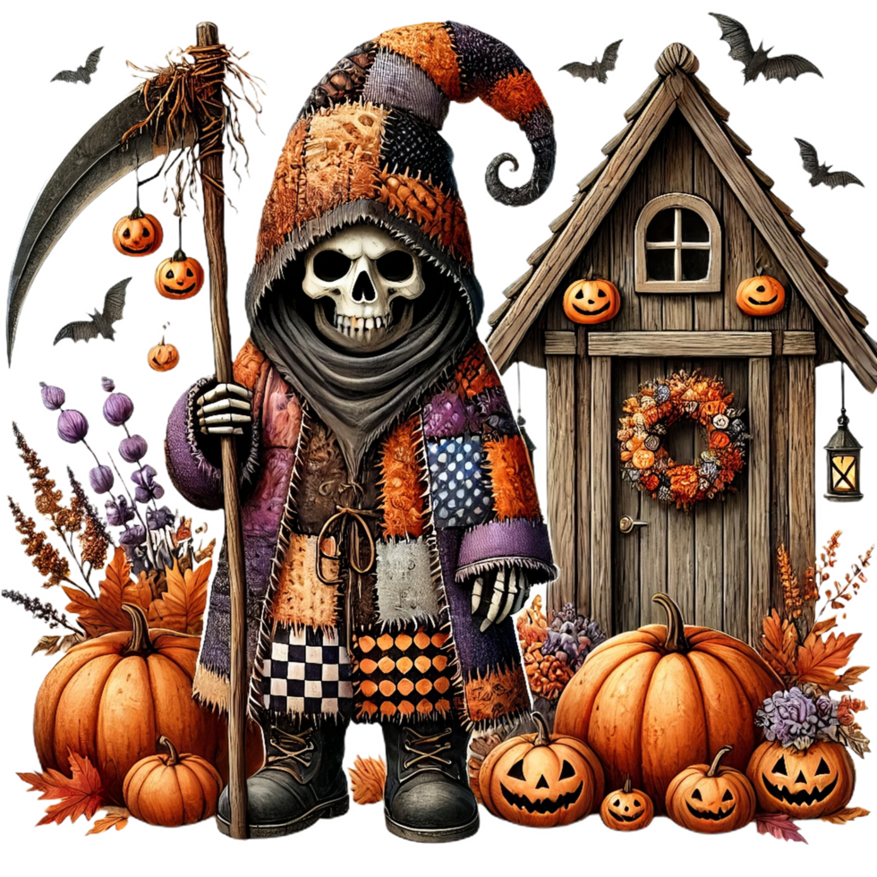 skeleton in patchwork cloak stands by pumpkin decorated house png