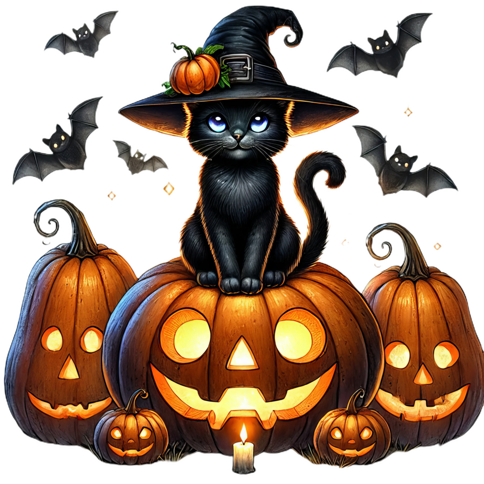 black cat in witchs hat sits on glowing Jack o lantern, creating spooky Halloween vibe png