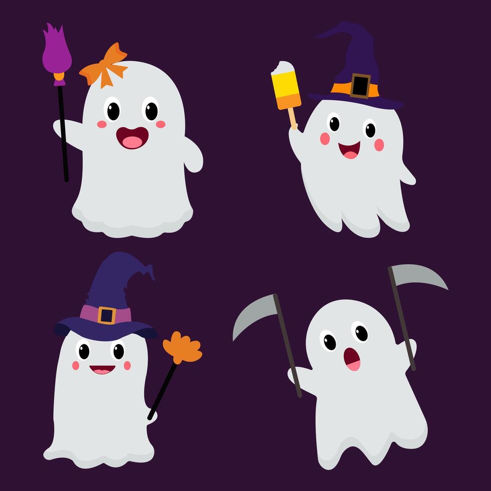 Cute Halloween Ghosts with Fun Costumes and Props vector