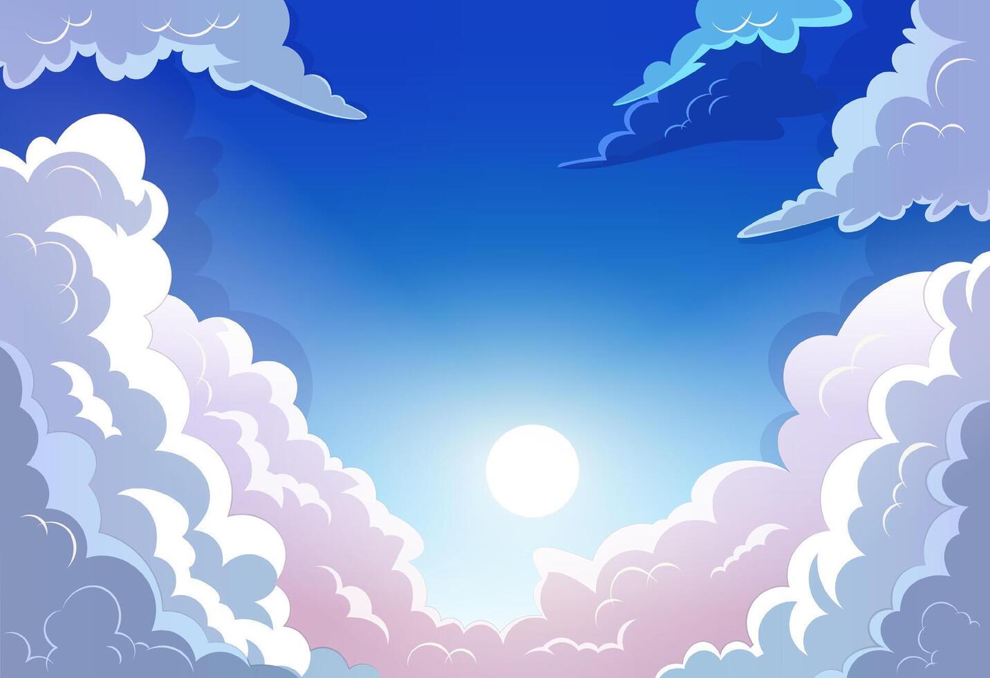 Blue sky with clouds. Anime style scene with sun shining and white fluffy clouds. Sunny day skies cartoon illustration. Clear weather scene. vector