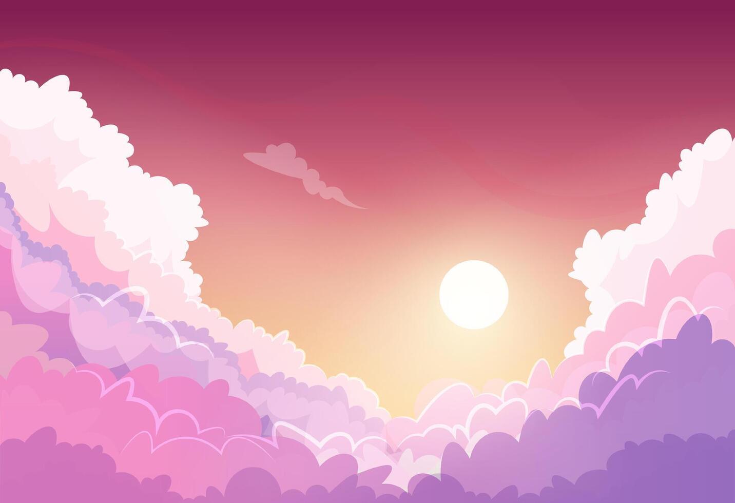 Sunset sky with clouds. Anime style dusk scene with sun shining and purple fluffy clouds. Sunny day evening skies cartoon illustration. Clear weather scene. vector