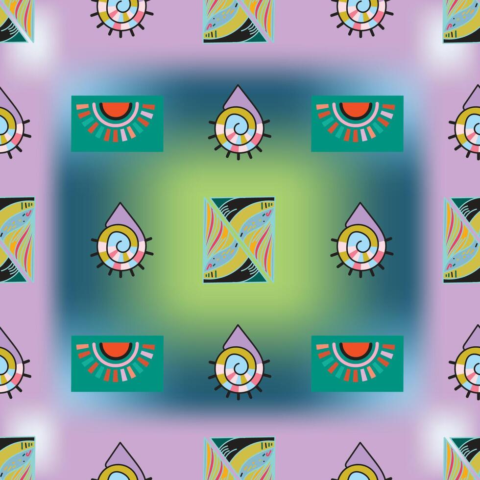 A colorful, geometric pattern with repeating shapes in shades of green, yellow, and purple vector