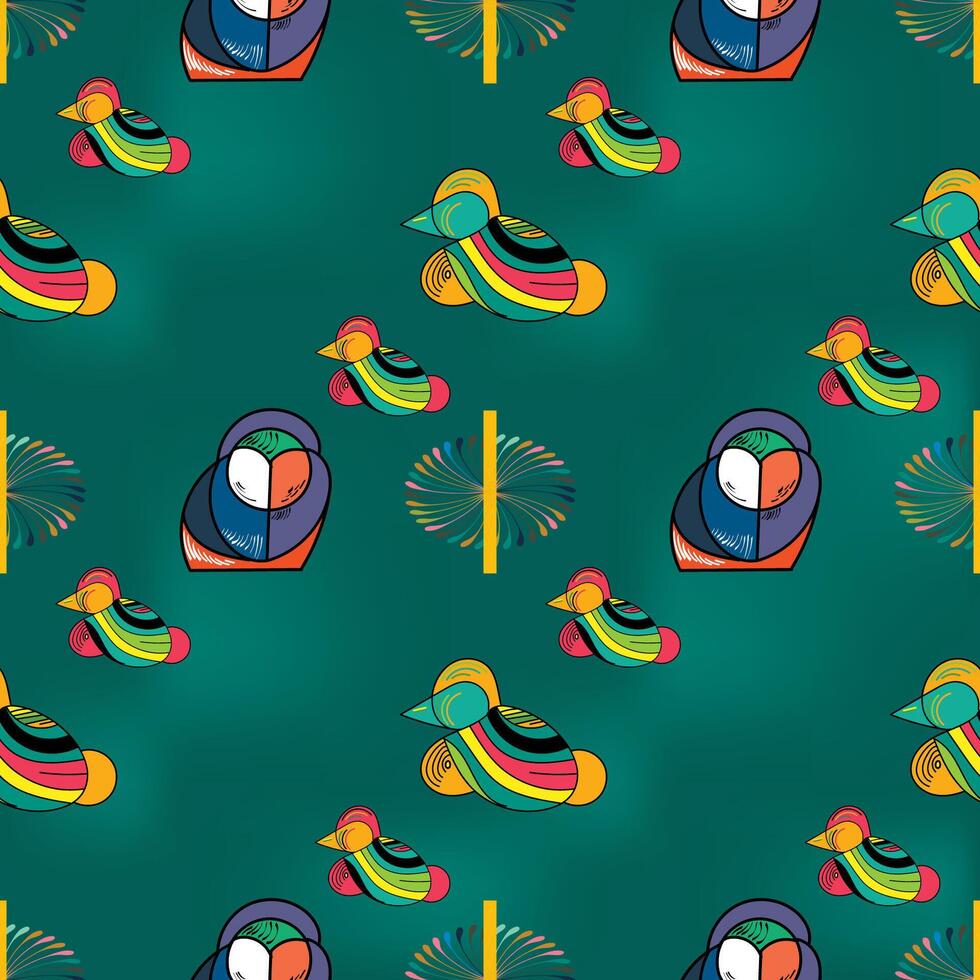 Colorful abstract ducks and geometric shapes create a vibrant pattern on a teal background, perfect for textile design inspiration vector