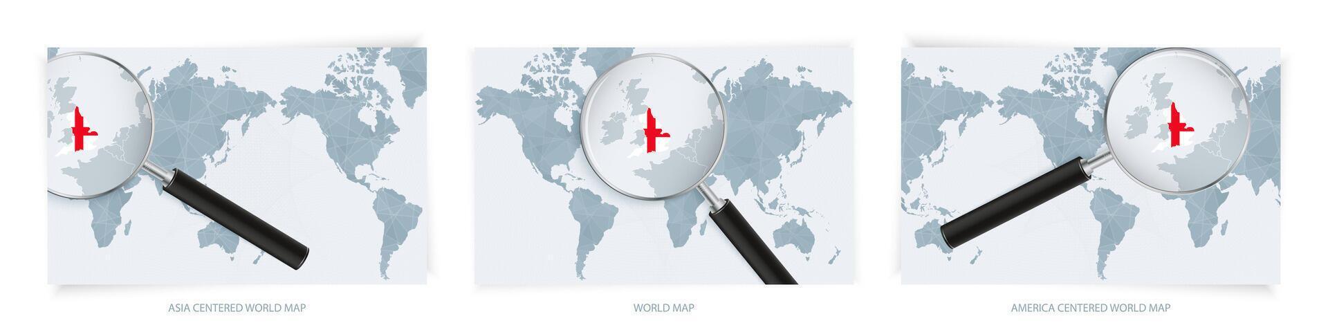 Blue Abstract World Maps with magnifying glass on map of England with the national flag of England. Three version of World Map. vector