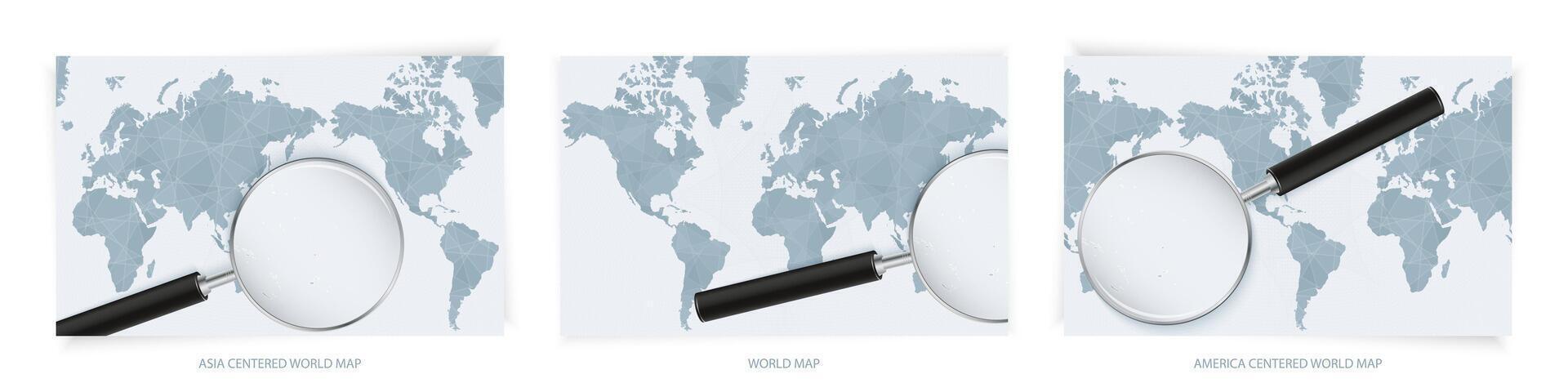 Blue Abstract World Maps with magnifying glass on map of Tuvalu with the national flag of Tuvalu. Three version of World Map. vector