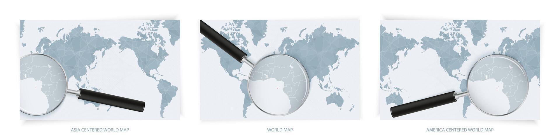 Blue Abstract World Maps with magnifying glass on map of Sao Tome and Principe with the national flag of Sao Tome and Principe. Three version of World Map. vector