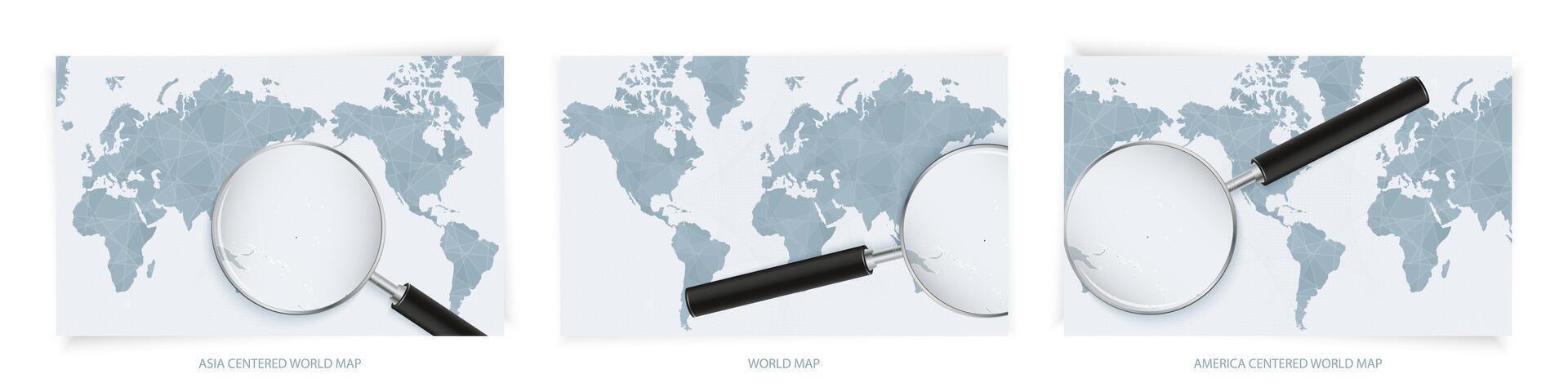 Blue Abstract World Maps with magnifying glass on map of Nauru with the national flag of Nauru. Three version of World Map. vector