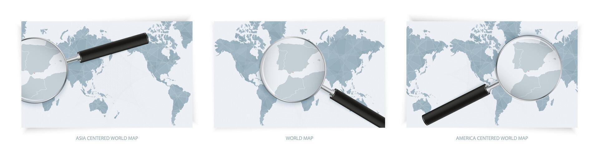Blue Abstract World Maps with magnifying glass on map of Gibraltar with the national flag of Gibraltar. Three version of World Map. vector