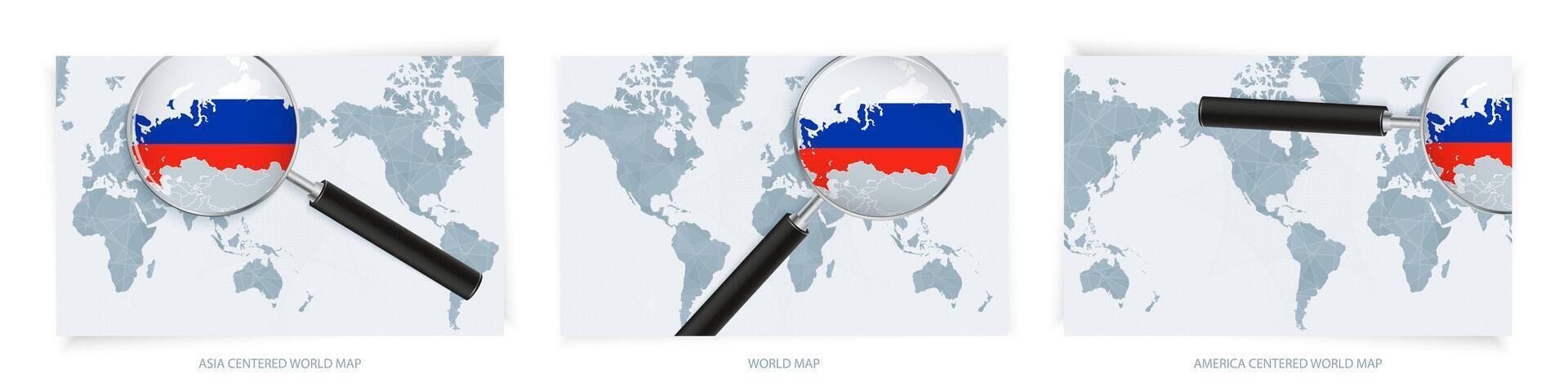 Blue Abstract World Maps with magnifying glass on map of Russia with the national flag of Russia. Three version of World Map. vector