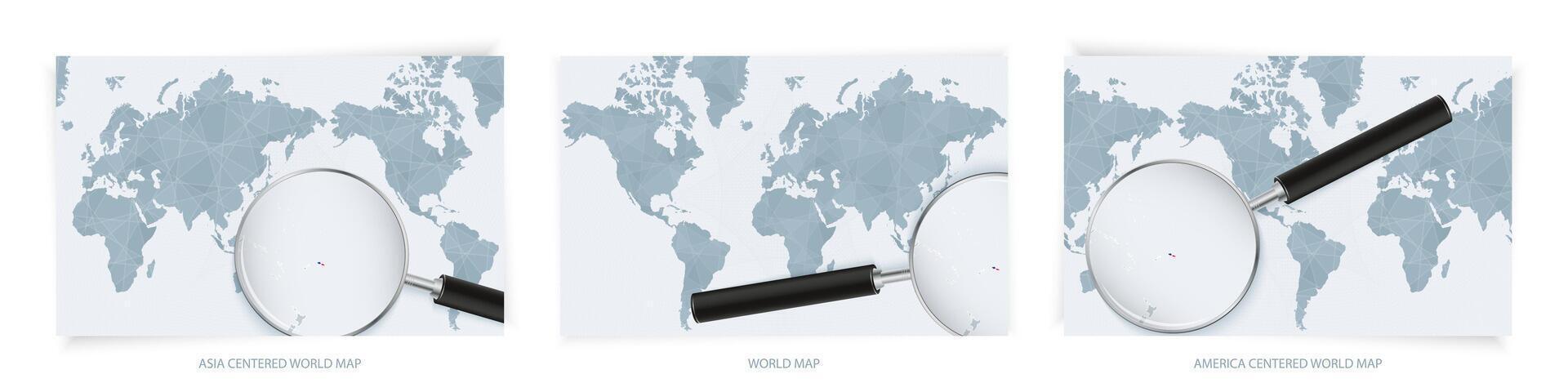 Blue Abstract World Maps with magnifying glass on map of Samoa with the national flag of Samoa. Three version of World Map. vector