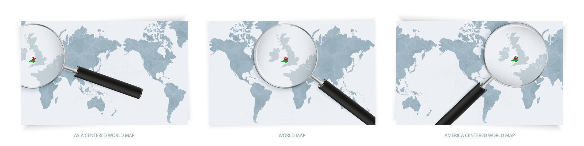Blue Abstract World Maps with magnifying glass on map of Wales with the national flag of Wales. Three version of World Map. vector