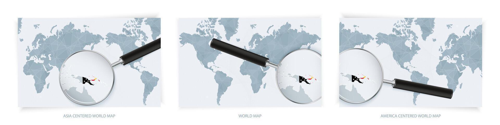 Blue Abstract World Maps with magnifying glass on map of Papua New Guinea with the national flag of Papua New Guinea. Three version of World Map. vector