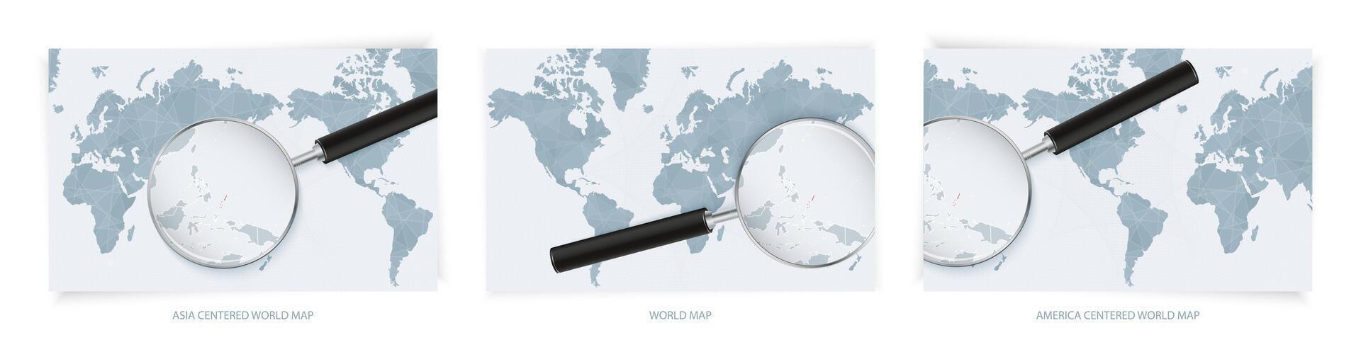Blue Abstract World Maps with magnifying glass on map of Palau with the national flag of Palau. Three version of World Map. vector