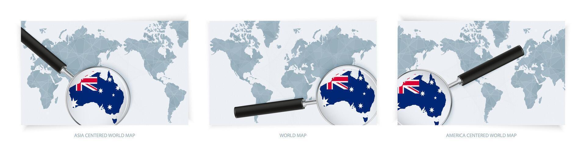Blue Abstract World Maps with magnifying glass on map of Australia with the national flag of Australia. Three version of World Map. vector