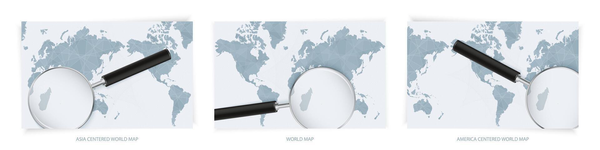 Blue Abstract World Maps with magnifying glass on map of Mauritius with the national flag of Mauritius. Three version of World Map. vector