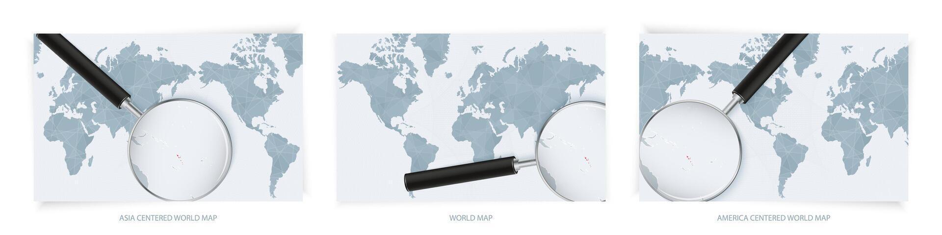 Blue Abstract World Maps with magnifying glass on map of Vanuatu with the national flag of Vanuatu. Three version of World Map. vector