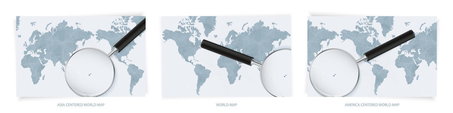 Blue Abstract World Maps with magnifying glass on map of Fiji with the national flag of Fiji. Three version of World Map. vector