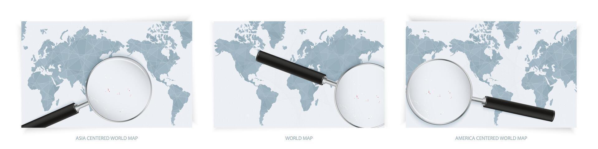 Blue Abstract World Maps with magnifying glass on map of Kiribati with the national flag of Kiribati. Three version of World Map. vector